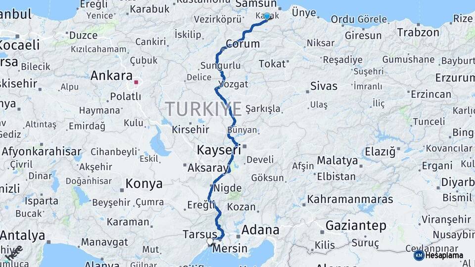 Samsun Kavak Mersin Arası Kaç Km - Yol Haritası