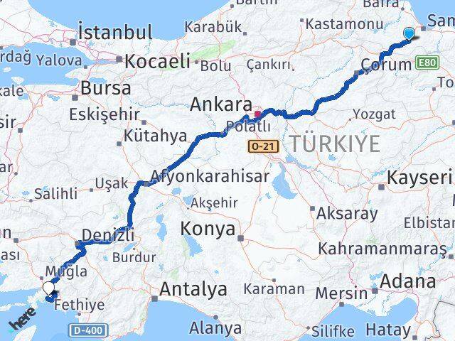 Samsun Kavak Muğla Arası Kaç Km - Yol Haritası