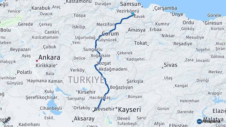 Samsun Kavak Nevşehir Arası Kaç Km - Yol Haritası