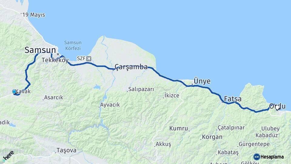 Samsun Kavak Ordu Arası Kaç Km - Yol Haritası