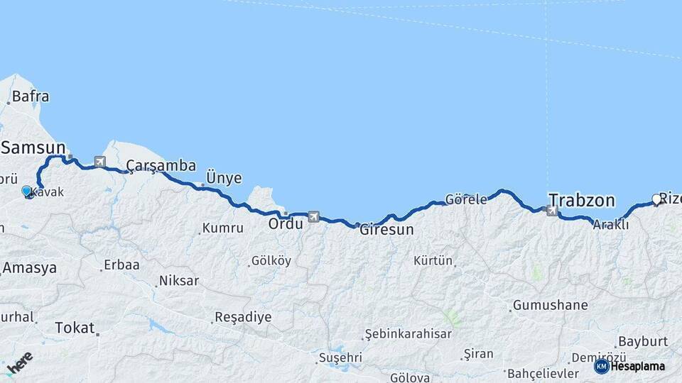 Samsun Kavak Rize Arası Kaç Km - Yol Haritası
