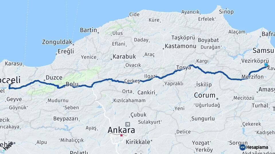 Samsun Kavak Sakarya Arası Kaç Km - Yol Haritası
