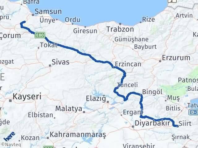 Samsun Kavak Siirt Arası Kaç Km - Yol Haritası