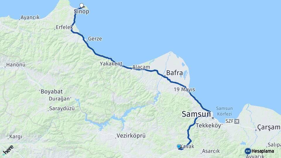 Samsun Kavak Sinop Arası Kaç Km - Yol Haritası