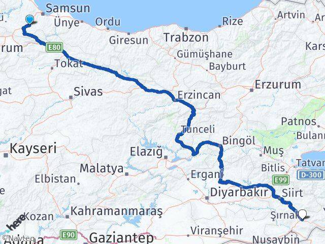 Samsun Kavak Şırnak Arası Kaç Km - Yol Haritası