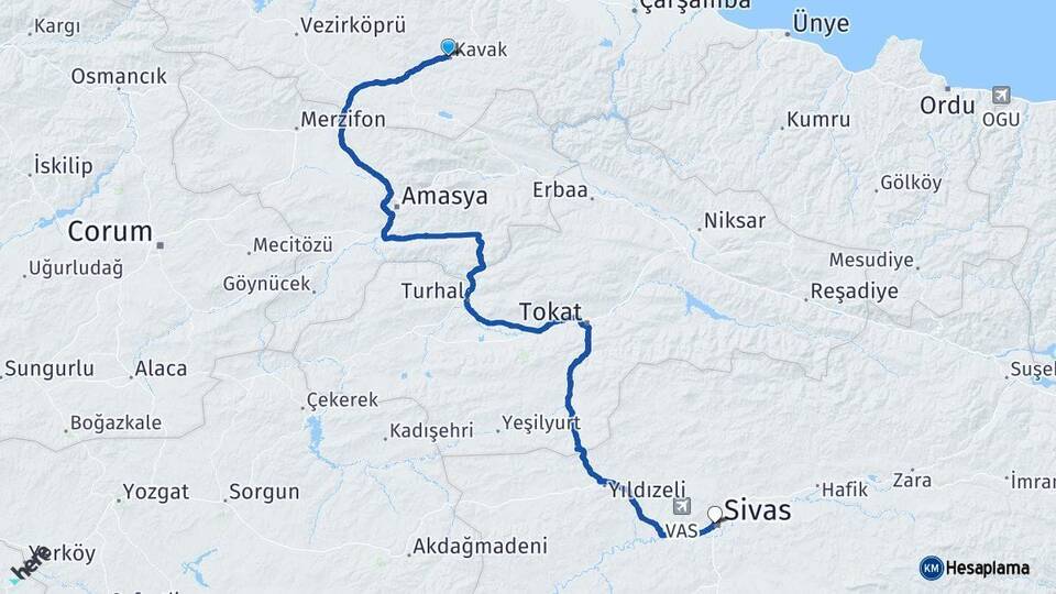 Samsun Kavak Sivas Arası Kaç Km - Yol Haritası