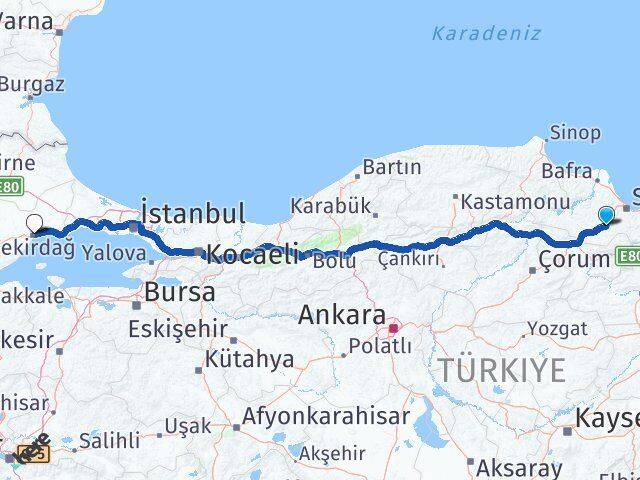 Samsun Kavak Tekirdağ Arası Kaç Km - Yol Haritası