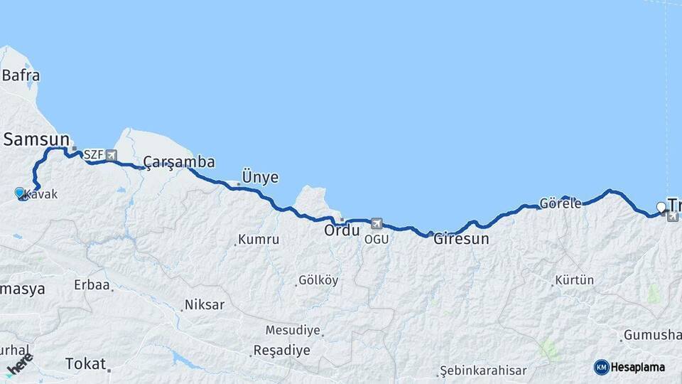 Samsun Kavak Trabzon Arası Kaç Km - Yol Haritası