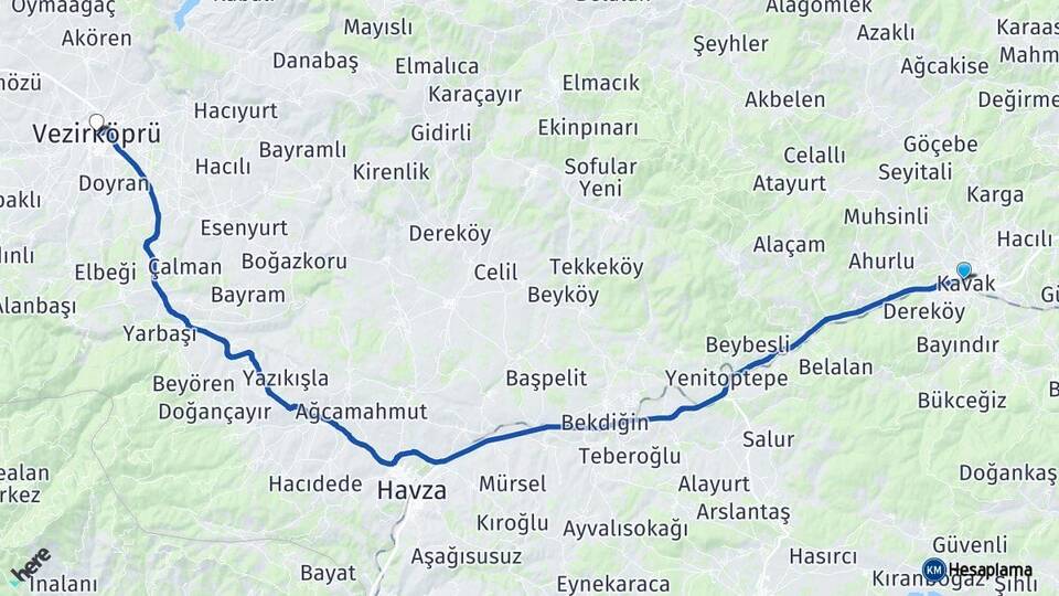 Samsun Kavak Vezirköprü Arası Kaç Km - Yol Haritası