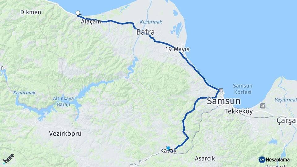 Samsun Kavak Yakakent Arası Kaç Km - Yol Haritası