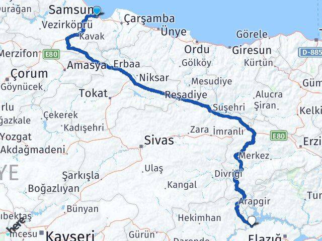 Samsun Keban Elazığ Arası Kaç Km - Yol Haritası