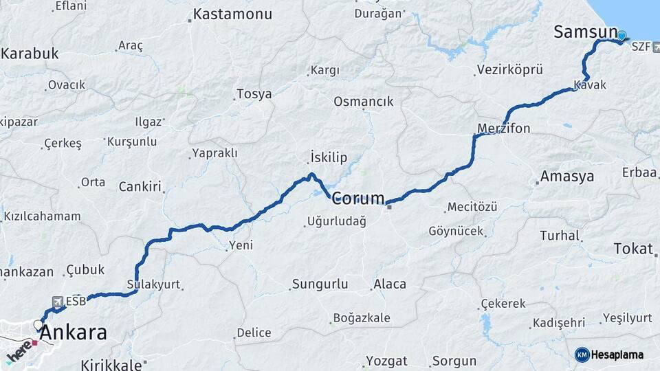 Samsun Keçiören Ankara Arası Kaç Km - Yol Haritası