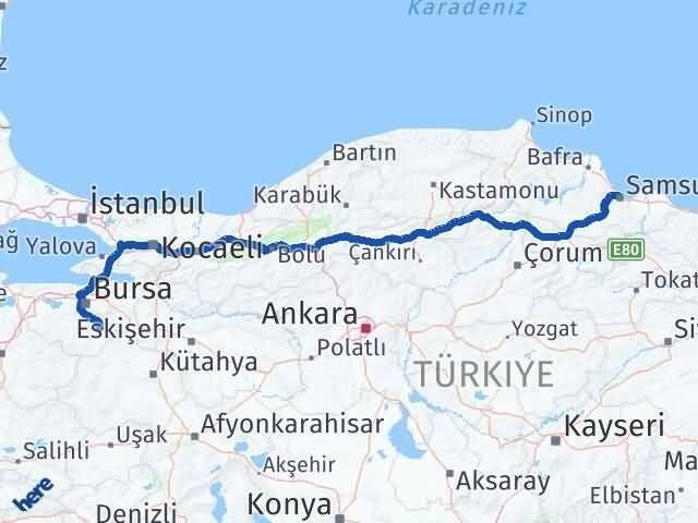 Samsun Keles Bursa Arası Kaç Km - Yol Haritası