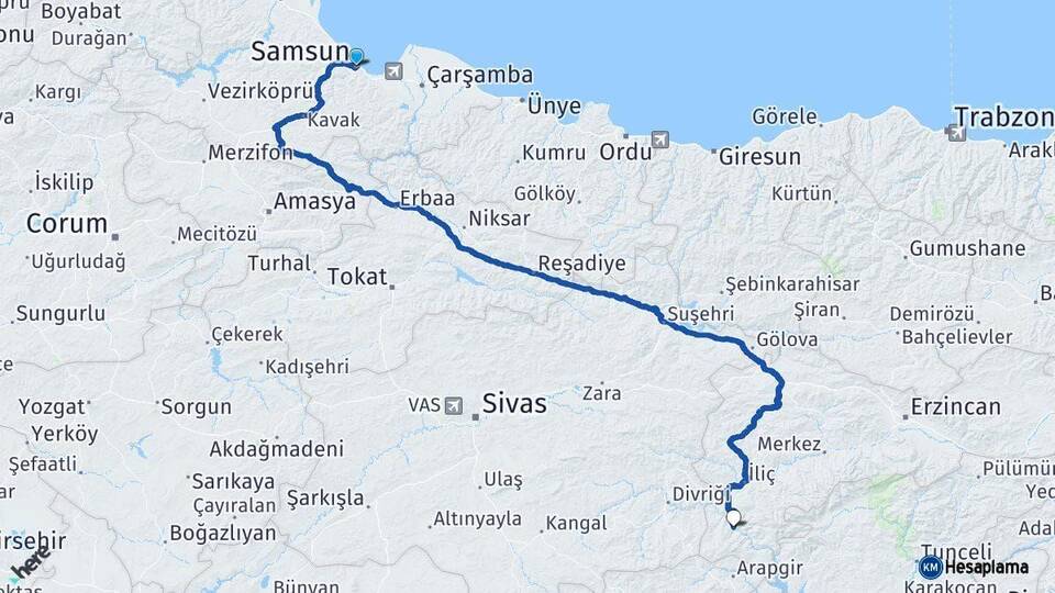 Samsun Kemaliye Erzincan Arası Kaç Km - Yol Haritası