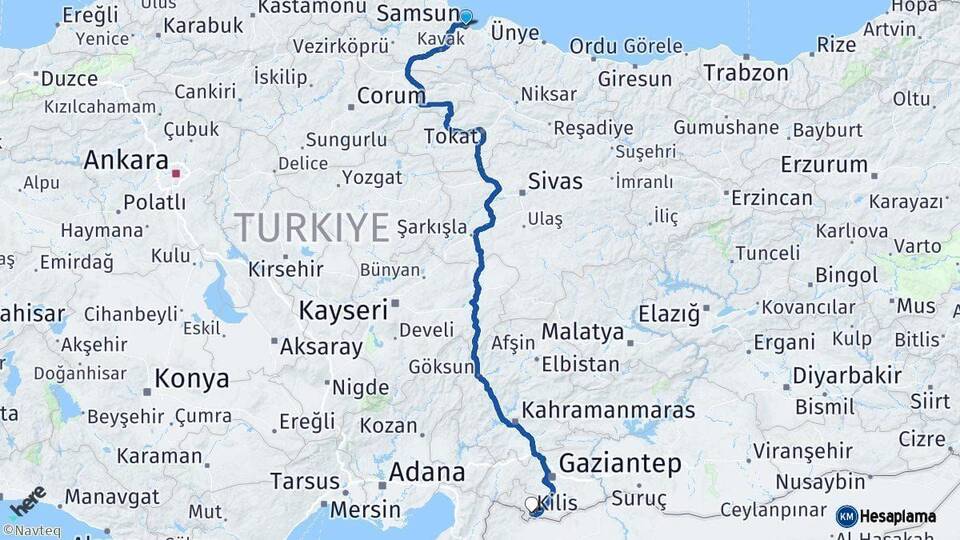 Samsun Kilis Arası Kaç Km - Yol Haritası
