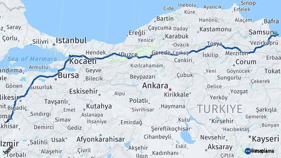 Samsun Kınık İzmir Arası Kaç Km - Yol Haritası