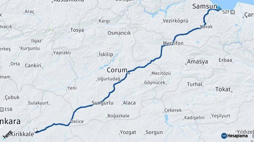 Samsun Kırıkkale Arası Kaç Km - Yol Haritası