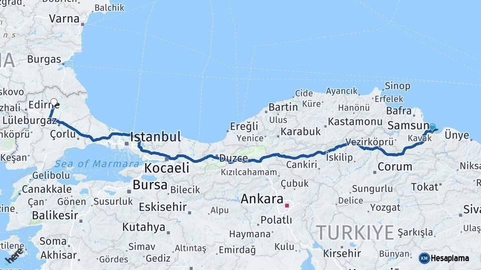 Samsun Kırklareli Arası Kaç Km - Yol Haritası