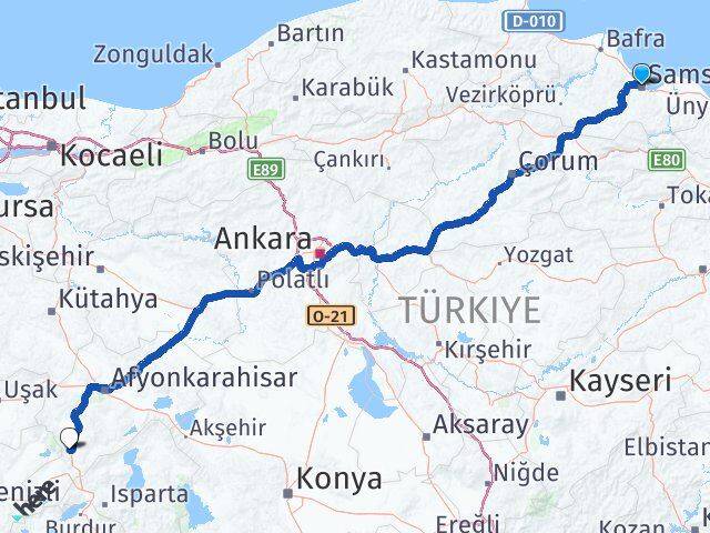 Samsun Kızılören Afyonkarahisar Arası Kaç Km - Yol Haritası
