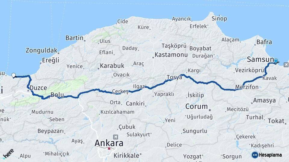 Samsun Kocaali Sakarya Arası Kaç Km - Yol Haritası