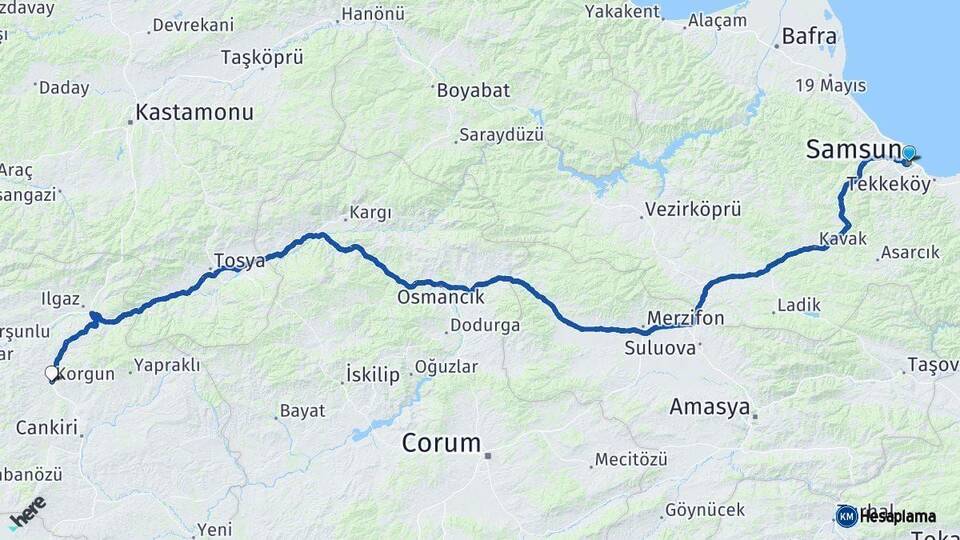 Samsun Korgun Çankırı Arası Kaç Km - Yol Haritası