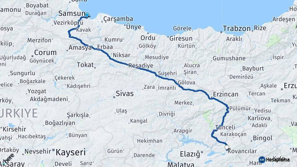 Samsun Kovancılar Elazığ Arası Kaç Km - Yol Haritası