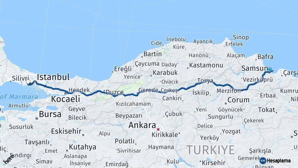 Samsun Küçükçekmece İstanbul Arası Kaç Km - Yol Haritası