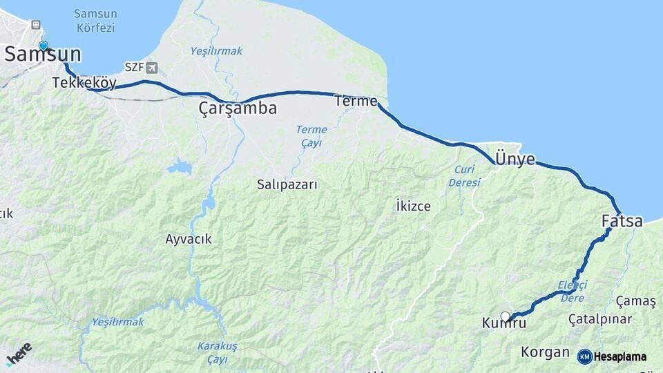 Samsun Kumru Ordu Arası Kaç Km - Yol Haritası
