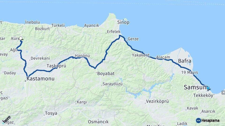 Samsun Küre Kastamonu Arası Kaç Km - Yol Haritası