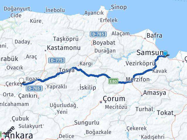 Samsun Kurşunlu Çankırı Arası Kaç Km - Yol Haritası