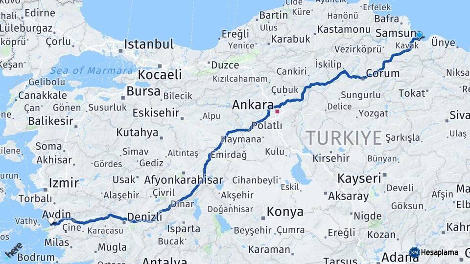 Samsun Kuşadası Aydın Arası Kaç Km - Yol Haritası