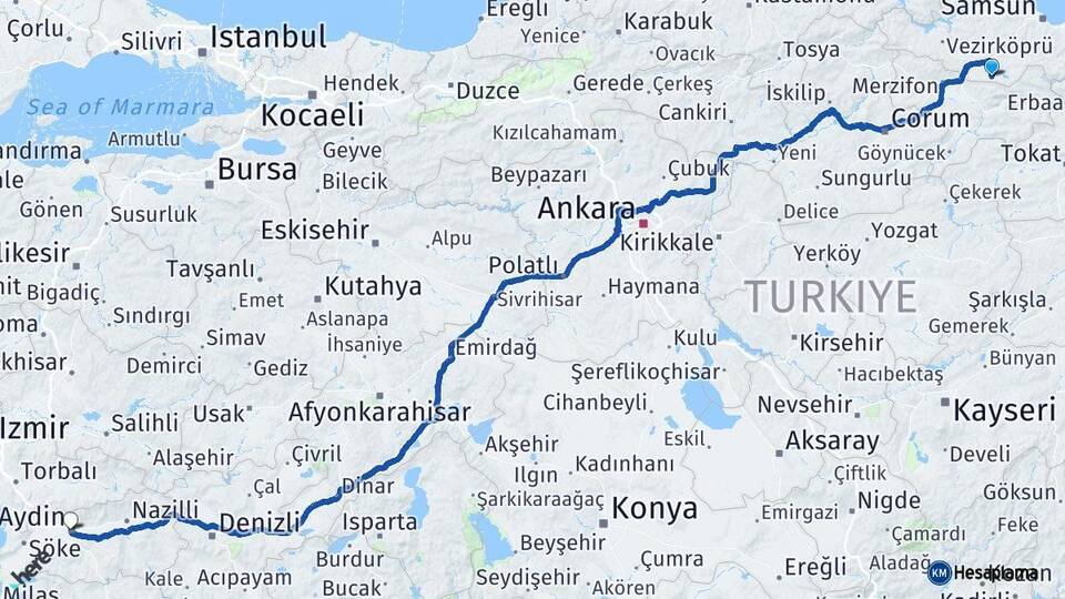 Samsun Ladik Aydın Arası Kaç Km - Yol Haritası