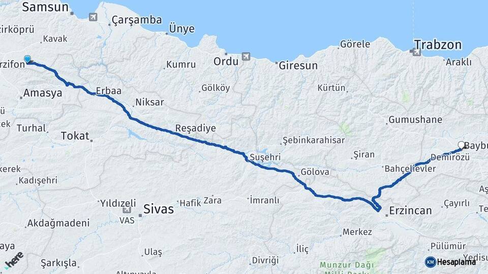 Samsun Ladik Bayburt Arası Kaç Km - Yol Haritası