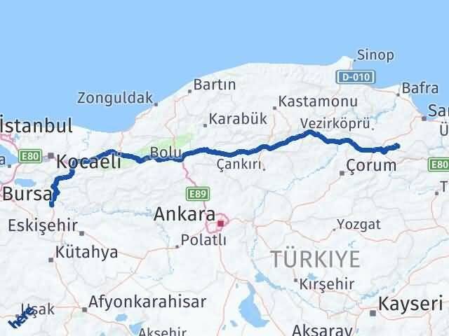 Samsun Ladik Bilecik Arası Kaç Km - Yol Haritası