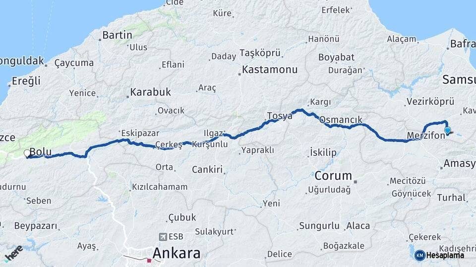 Samsun Ladik Bolu Arası Kaç Km - Yol Haritası