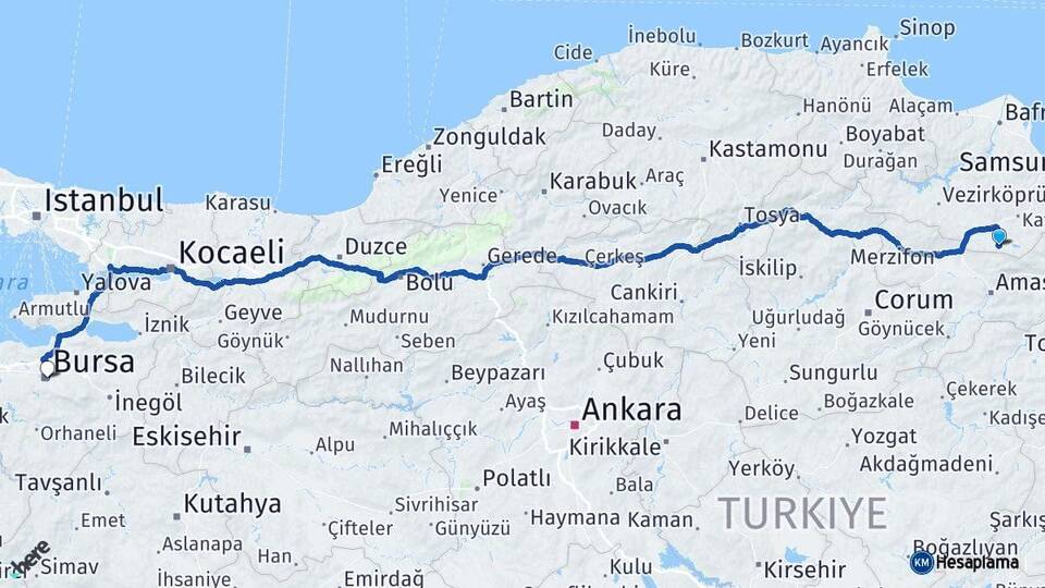 Samsun Ladik Bursa Arası Kaç Km - Yol Haritası