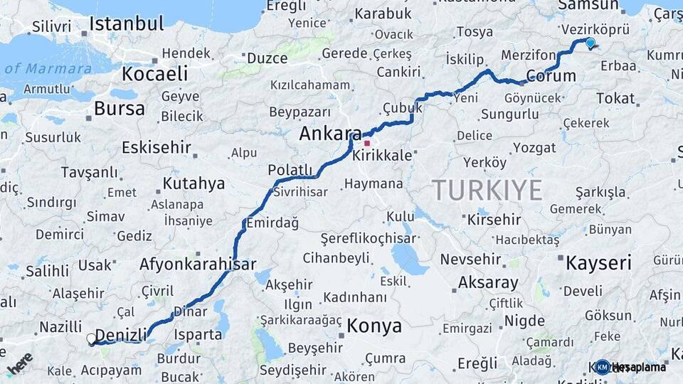 Samsun Ladik Denizli Arası Kaç Km - Yol Haritası