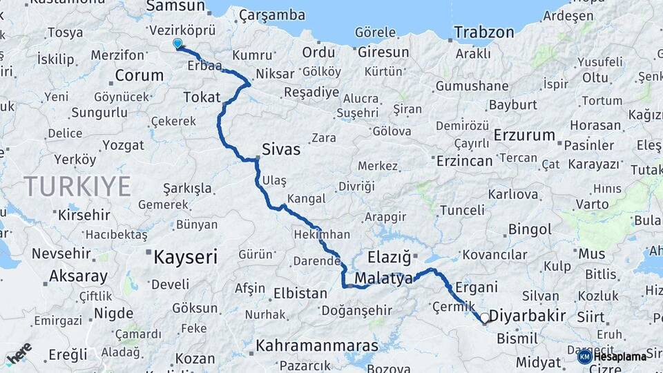 Samsun Ladik Diyarbakır Arası Kaç Km - Yol Haritası