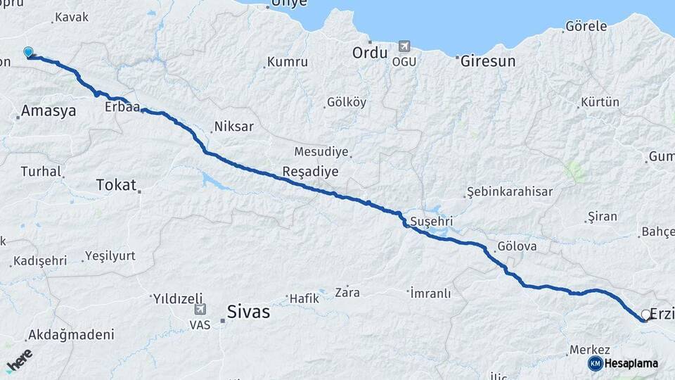 Samsun Ladik Erzincan Arası Kaç Km - Yol Haritası