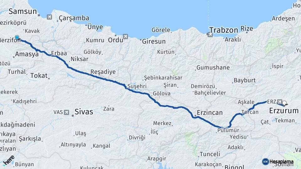 Samsun Ladik Erzurum Arası Kaç Km - Yol Haritası