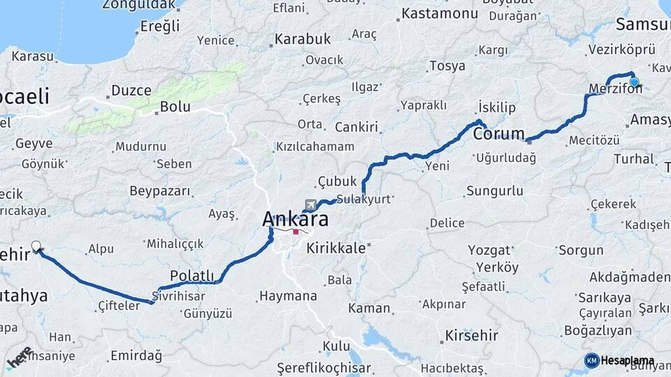 Samsun Ladik Eskişehir Arası Kaç Km - Yol Haritası