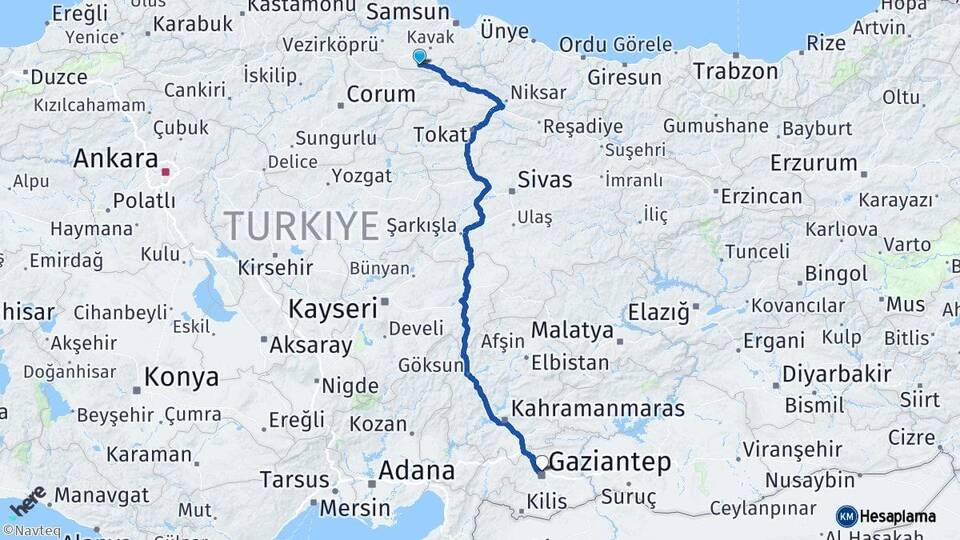 Samsun Ladik Gaziantep Arası Kaç Km - Yol Haritası