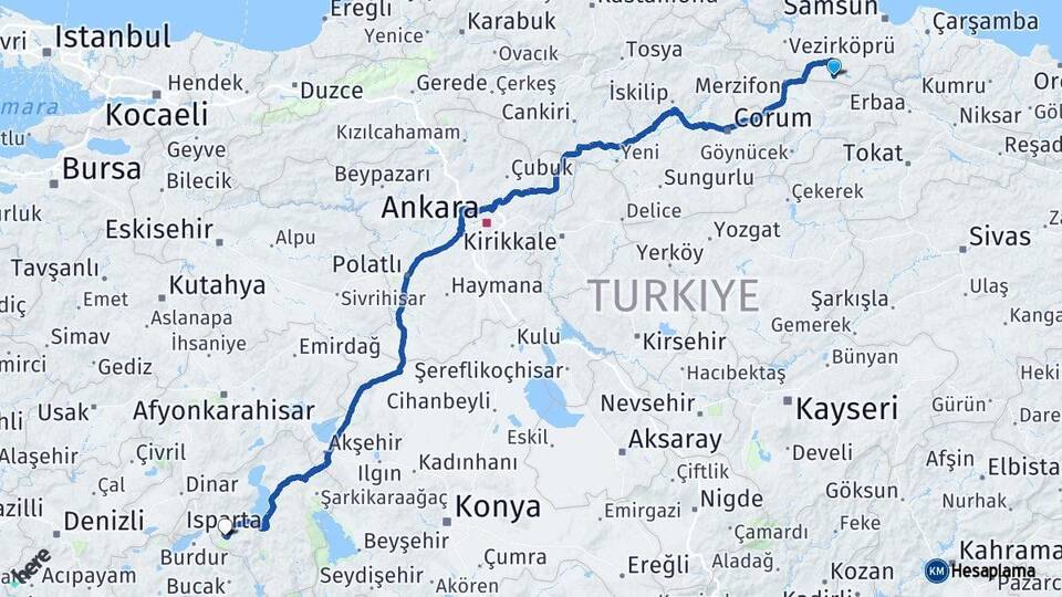 Samsun Ladik Isparta Arası Kaç Km - Yol Haritası