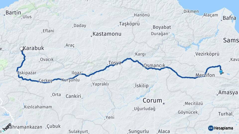 Samsun Ladik Karabük Arası Kaç Km - Yol Haritası