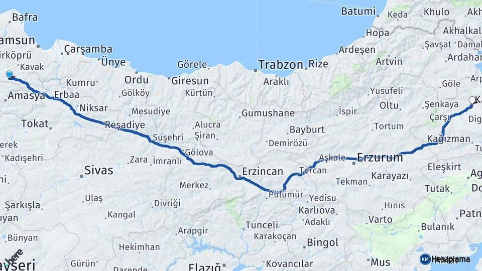 Samsun Ladik Kars Arası Kaç Km - Yol Haritası