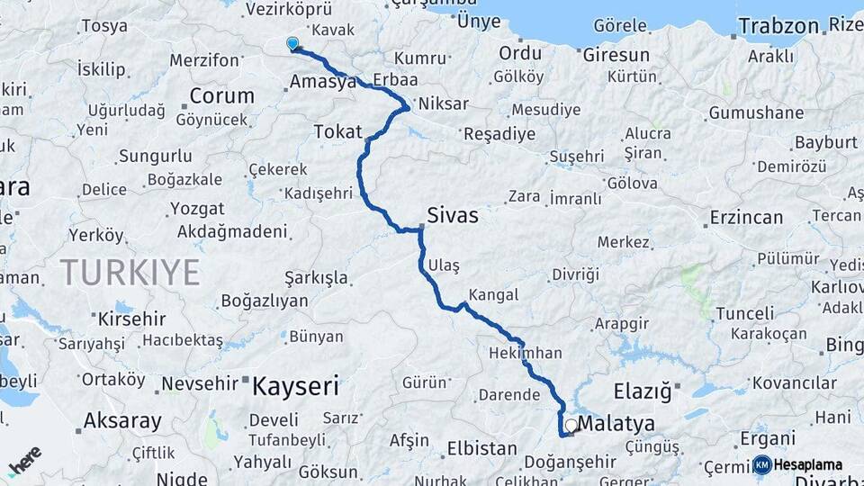 Samsun Ladik Malatya Arası Kaç Km - Yol Haritası