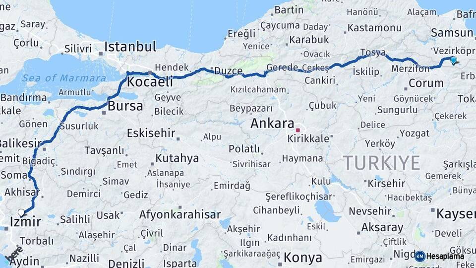 Samsun Ladik Manisa Arası Kaç Km - Yol Haritası