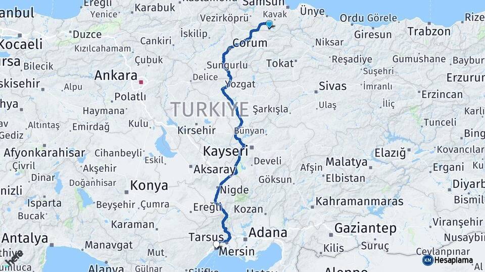 Samsun Ladik Mersin Arası Kaç Km - Yol Haritası
