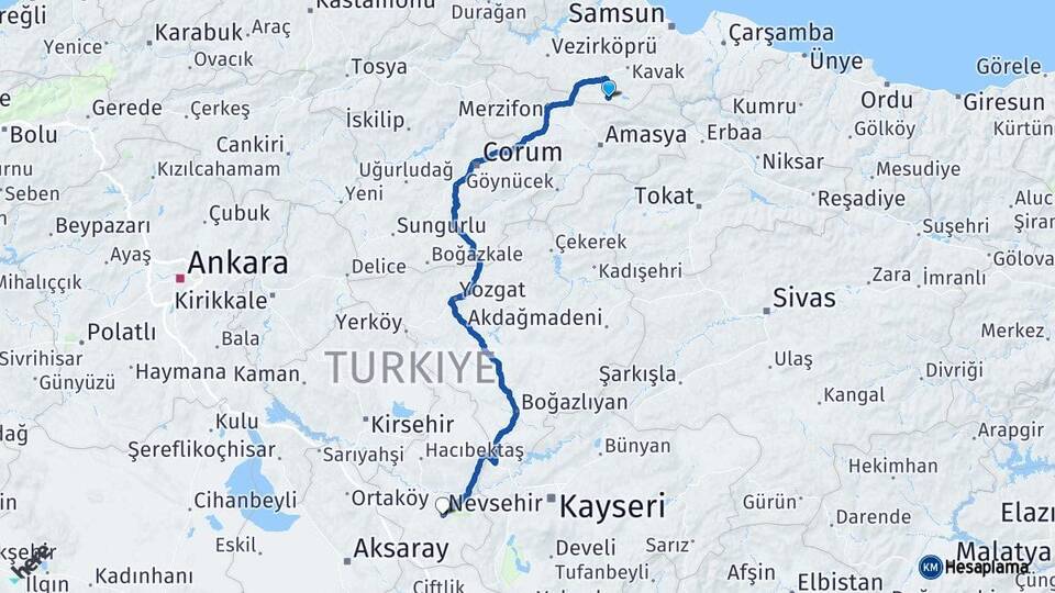 Samsun Ladik Nevşehir Arası Kaç Km - Yol Haritası