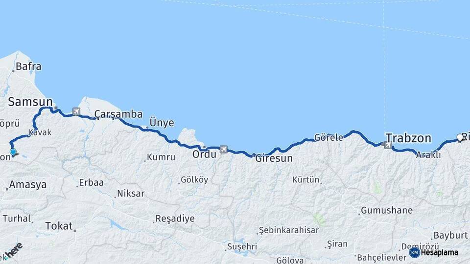 Samsun Ladik Rize Arası Kaç Km - Yol Haritası